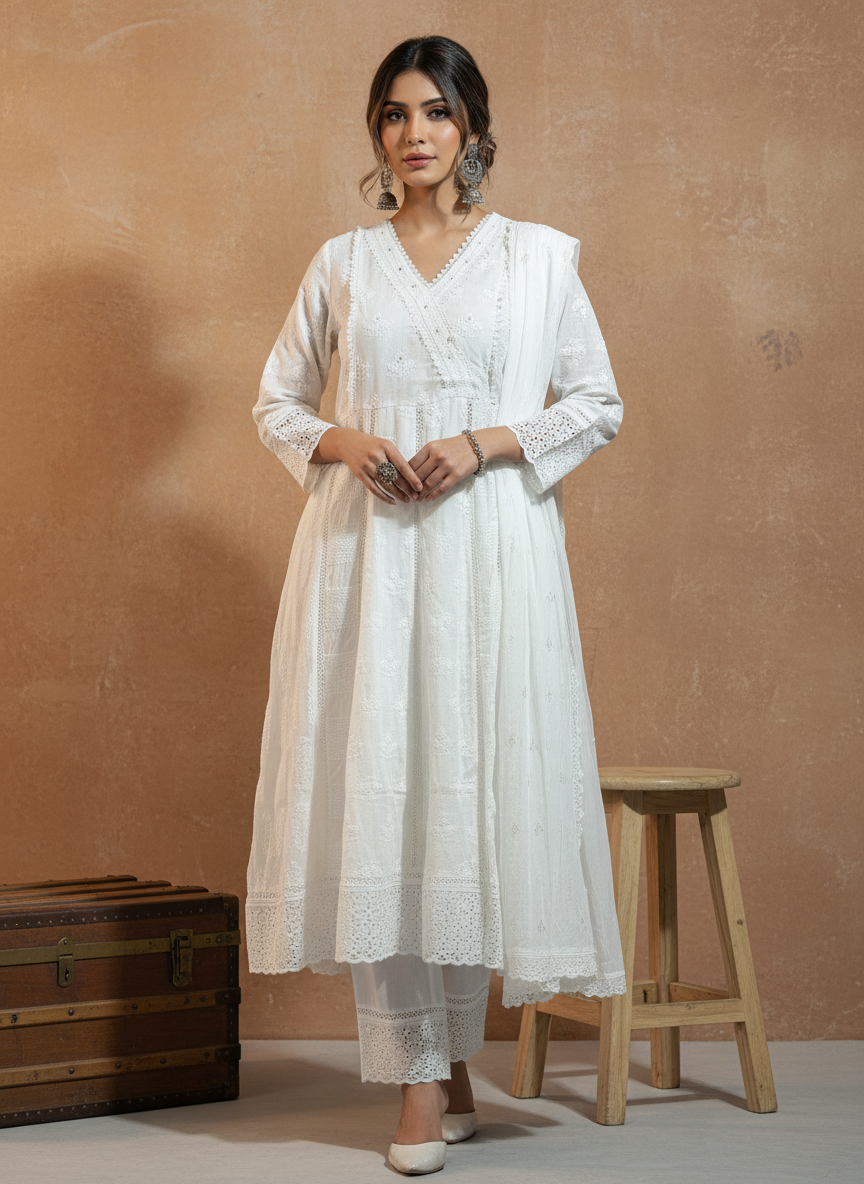 Ivory White Chikankari Grace Mul Cotton 3-Piece Suit Set