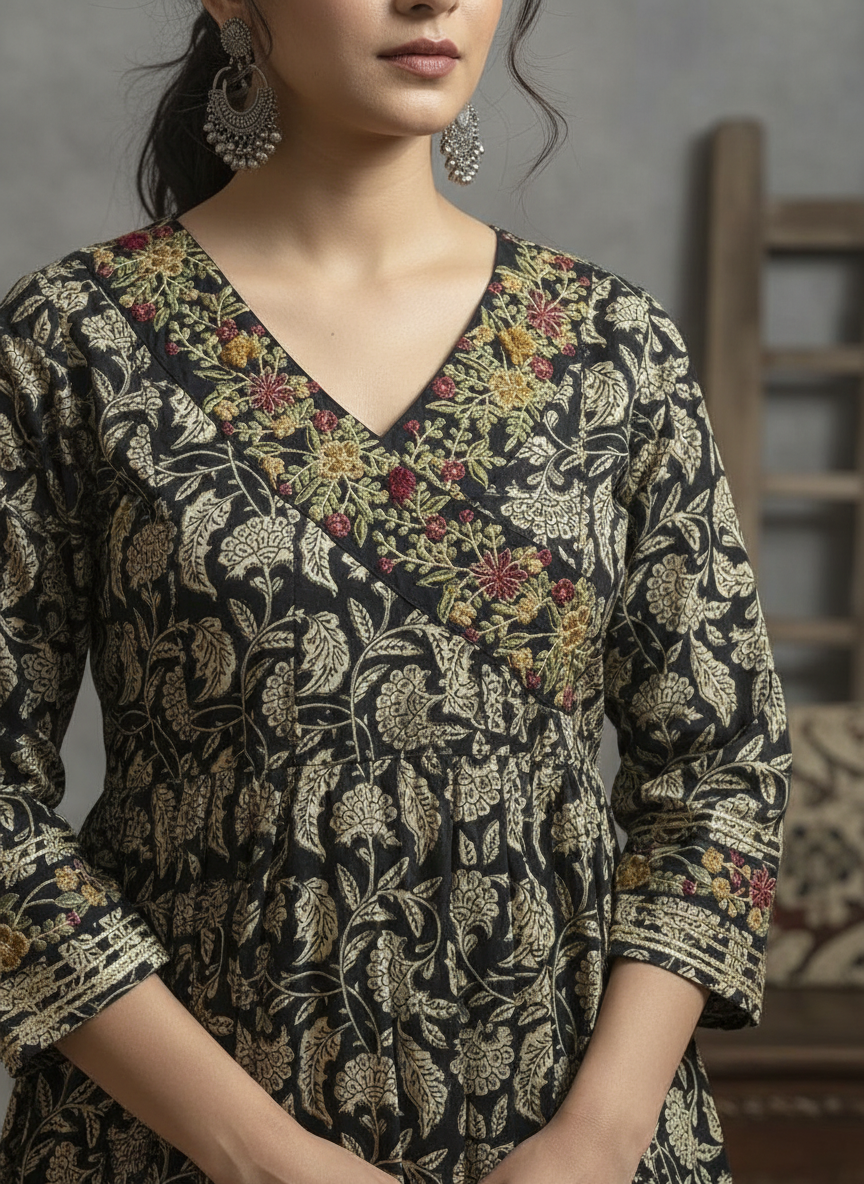 Midnight Black Pure Cotton Anarkali Suit Set