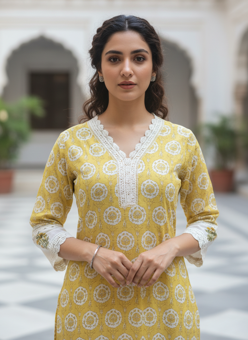 Mustard Yellow Sunlit Lace Printed Kurta Pant Dupatta Set