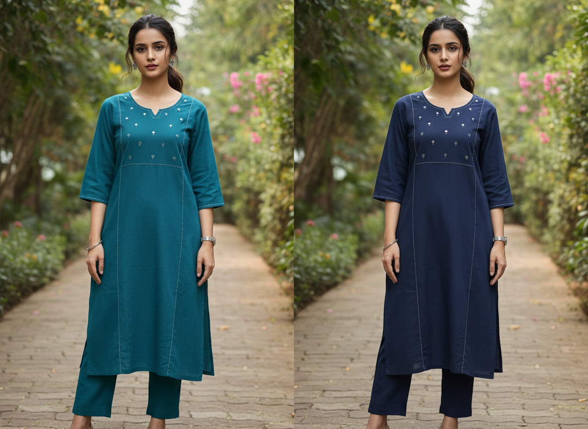 Navy Blue Cotton Kurta With Mirror Yoke