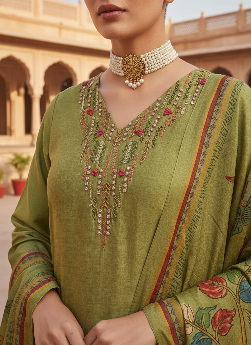 uslin Green Pichwai Print Kurta Set