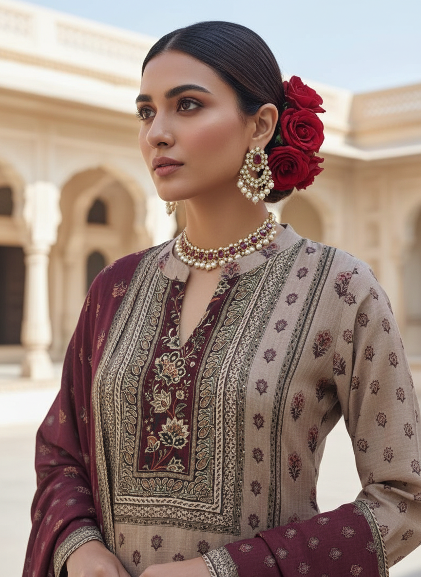 Pure Crepe Elegance  Printed 3-Piece Suit