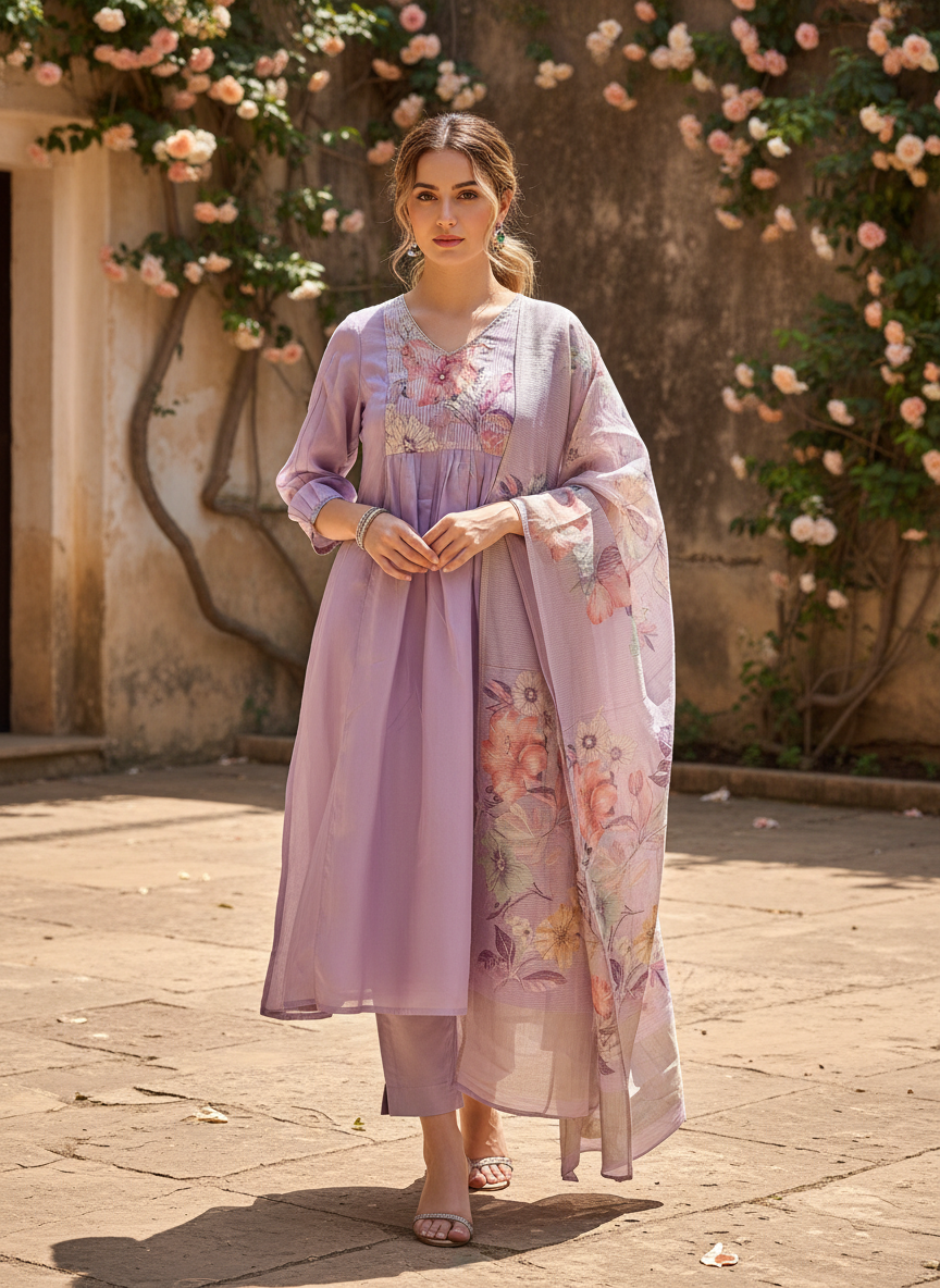 Lavender Mist Gulnaar Bloom Organza Suit Set