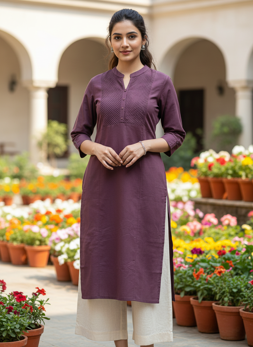 Wine Monotone Pleated Yoke Kurti