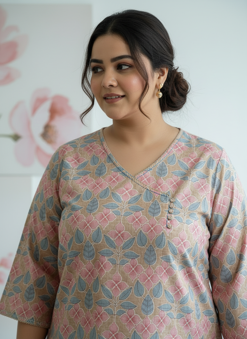 Plus Size Pastel Pink Beige Angrakha Cotton Kurti