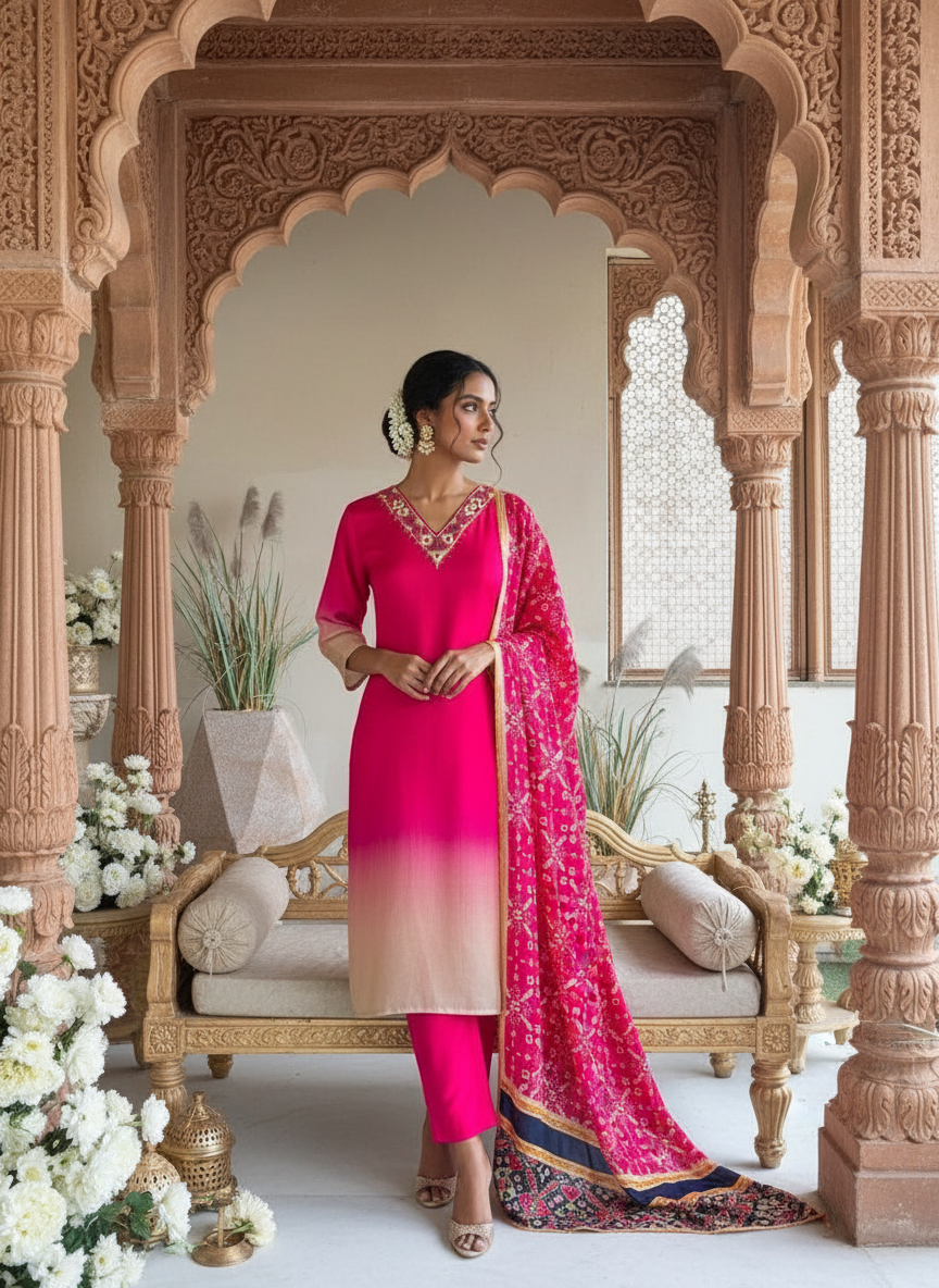 Ombre Muslin Rose Radiance Embroidered Kurta set with Patola dupatta