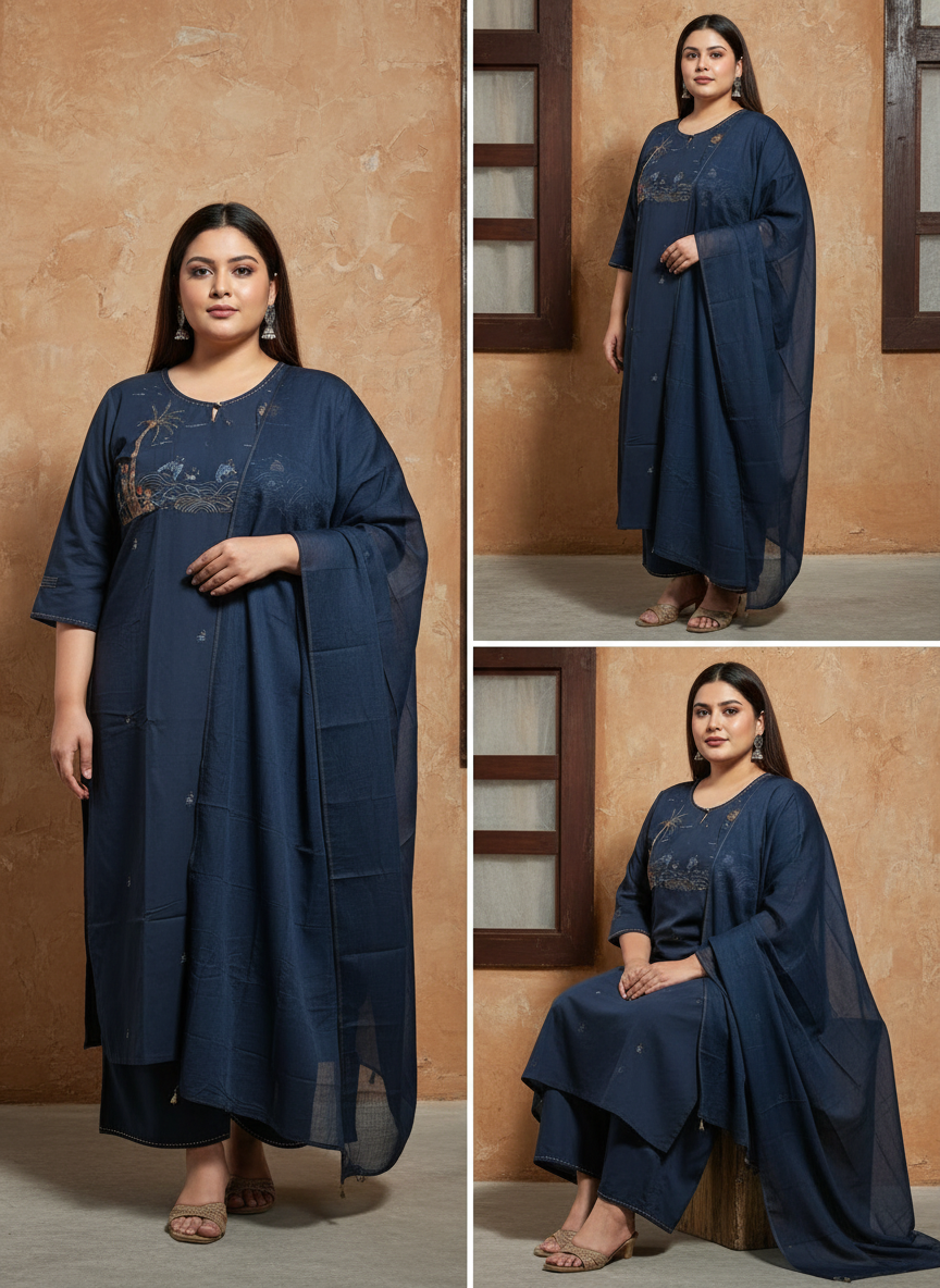 Plus Size Celestial Grace Navy Blue Kurta Set