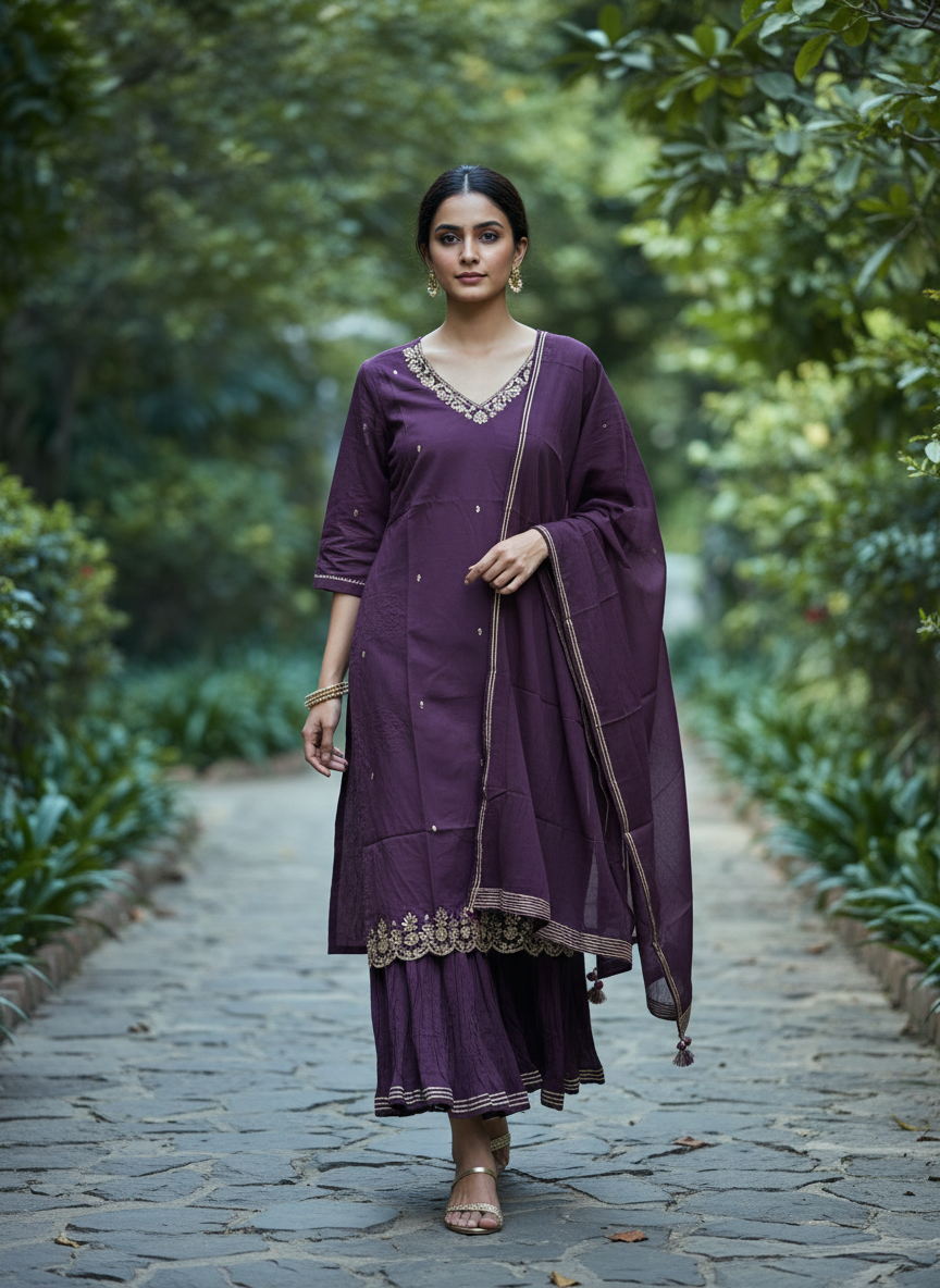 Royal Plum Zehra Gota Cotton Kurta & Sharara Set