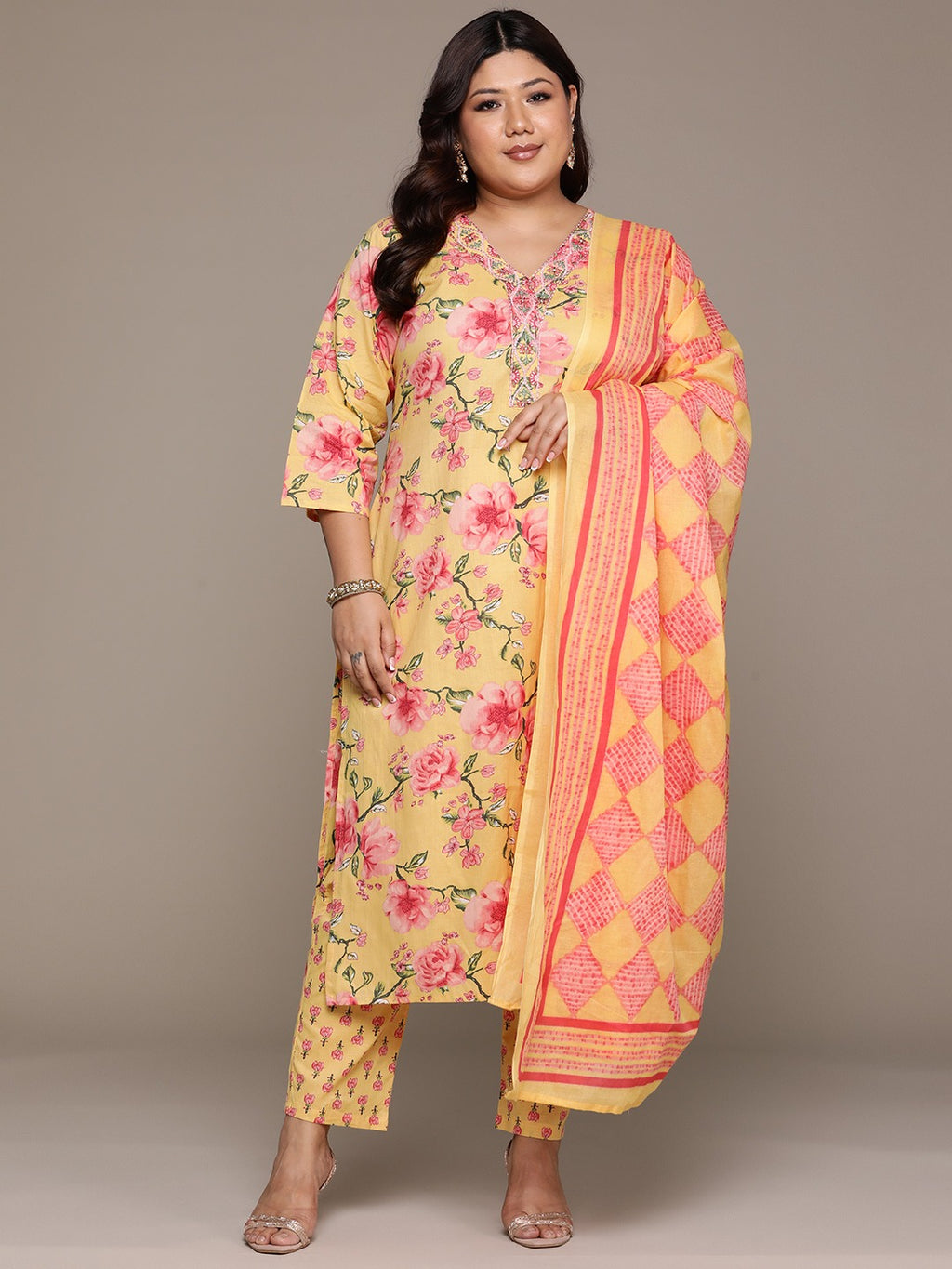 Sunlit Blossom Plus Size Floral Kurti Pant Suit with Dupatta