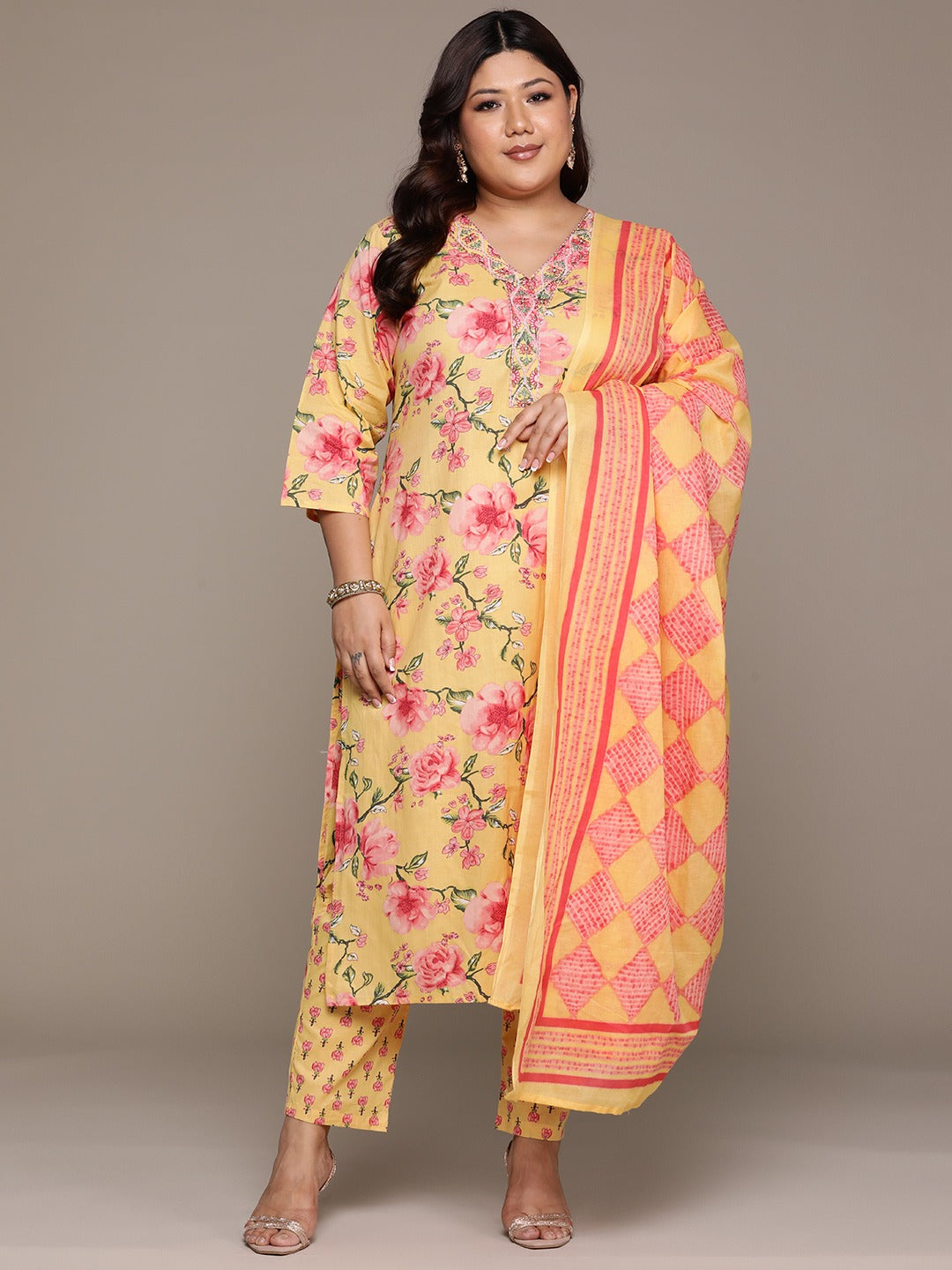 Sunlit Blossom Plus Size Floral Kurti Pant Suit with Dupatta