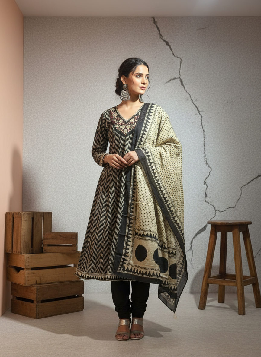 Midnight Chevron Embroidered Cotton 3-Piece Suit