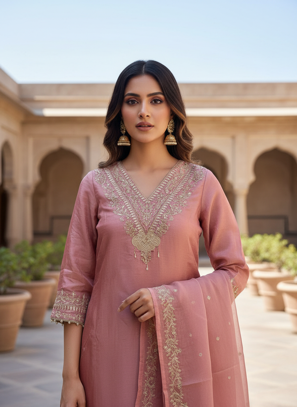 Rose Blush Zariya V-Neck Embroidered Silk Suit Set
