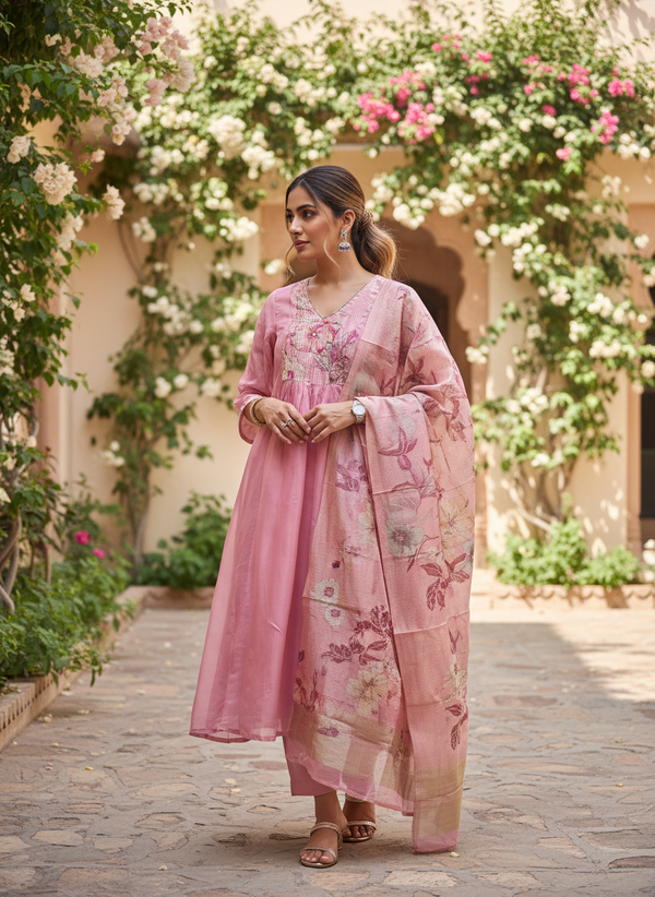 Rose Pink Gulnaar Bloom Organza Suit Set