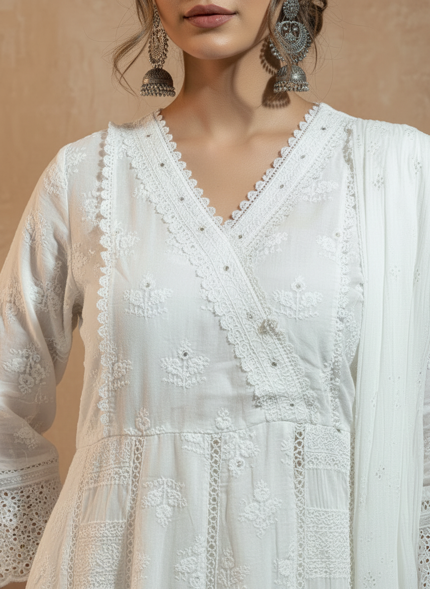 Ivory White Chikankari Grace Mul Cotton 3-Piece Suit Set