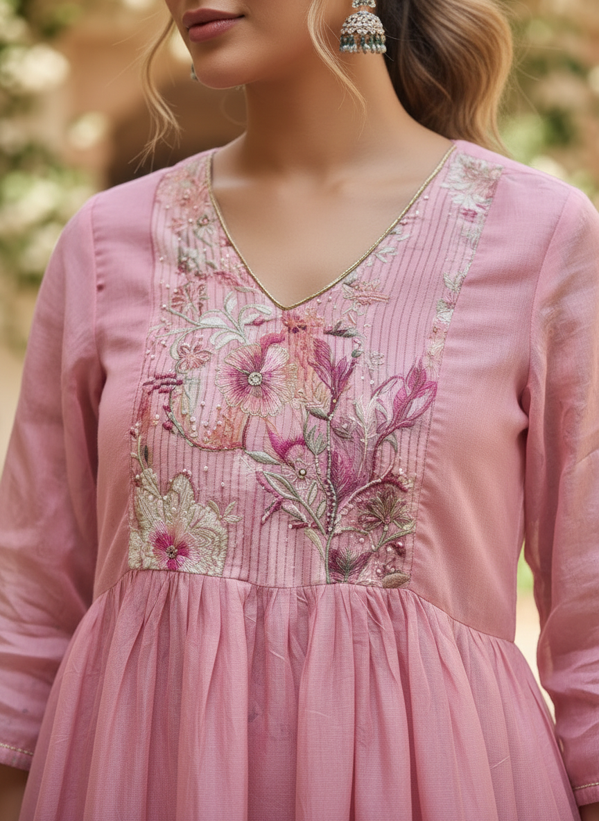 Rose Pink Gulnaar Bloom Organza Suit Set