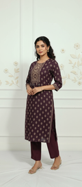 Wine Bloom Plus Size Cotton Kurti with Ethnic Printed Yoke