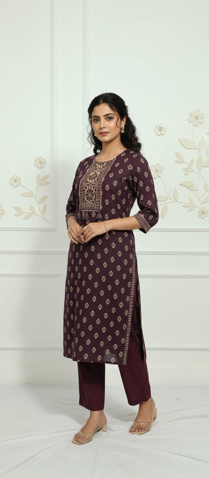 Wine Bloom Plus Size Cotton Kurti with Ethnic Printed Yoke