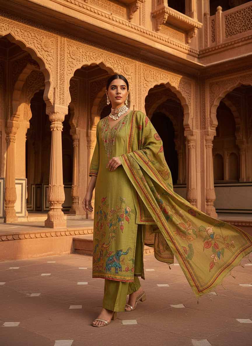 uslin Green Pichwai Print Kurta Set