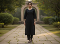Black Cotton Kurta With Mirror Yoke