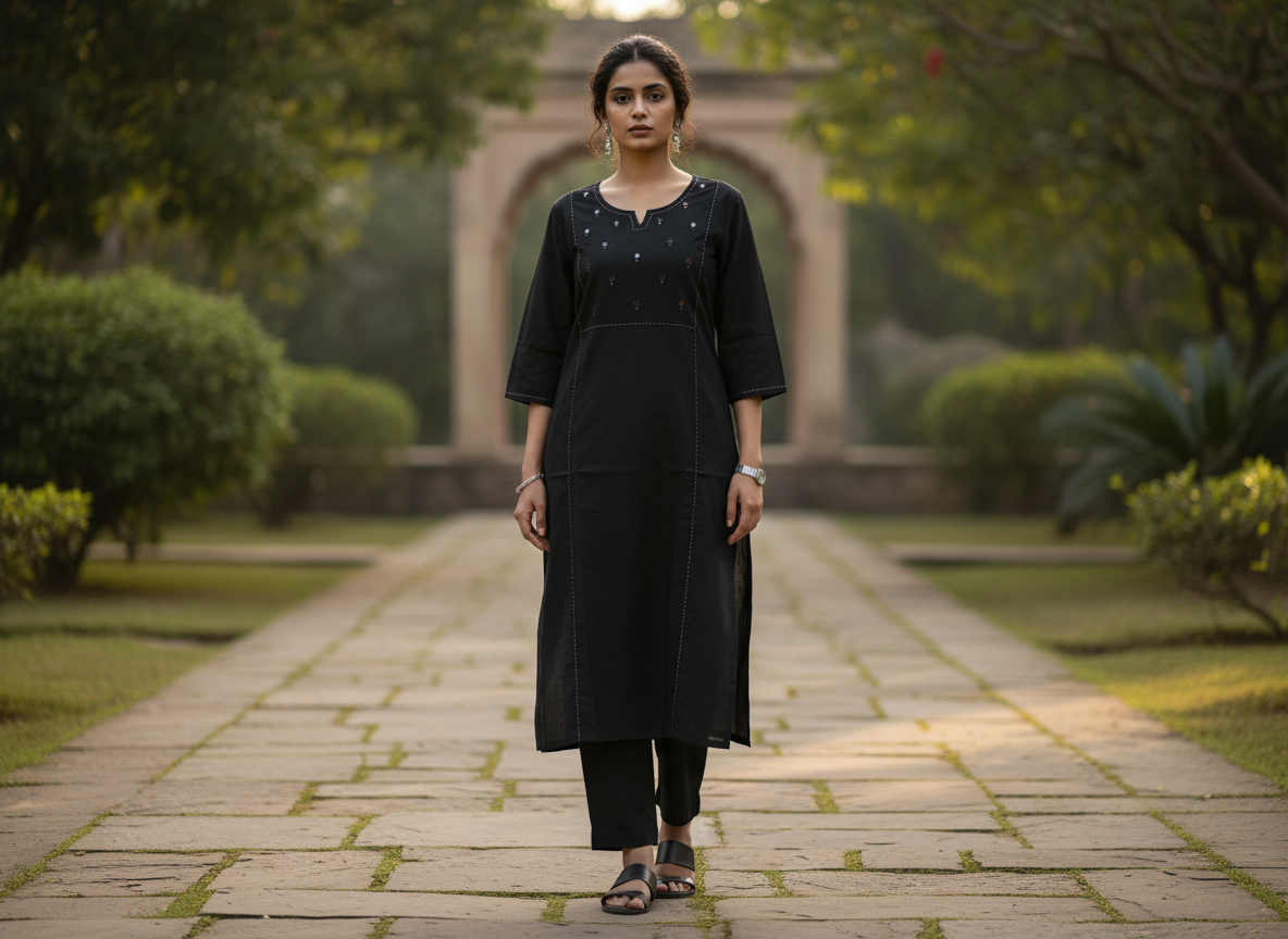 Black Cotton Kurta With Mirror Yoke