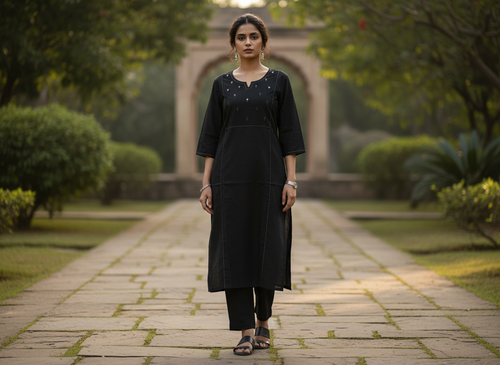Black Cotton Kurta With Mirror Yoke
