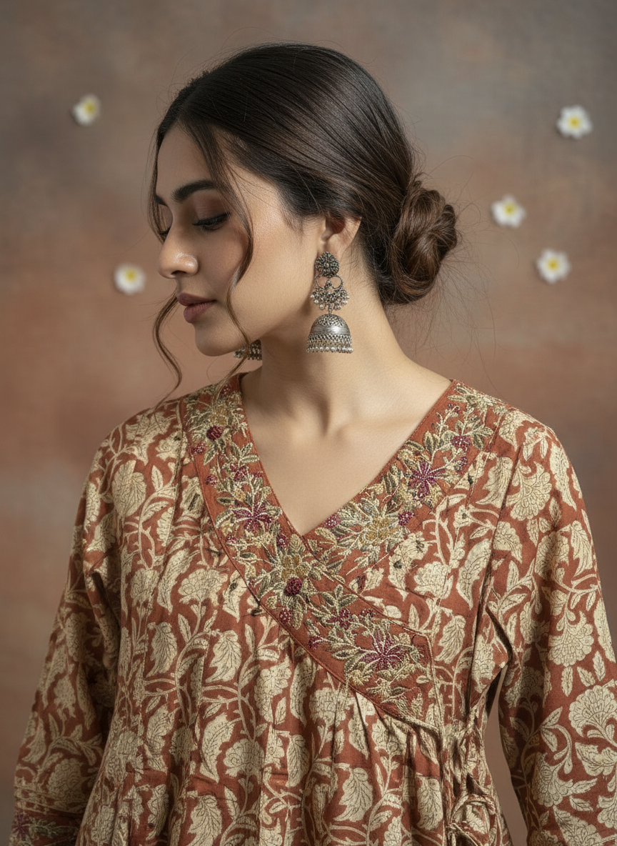 Rust Terracotta Pure Cotton Anarkali Suit Set