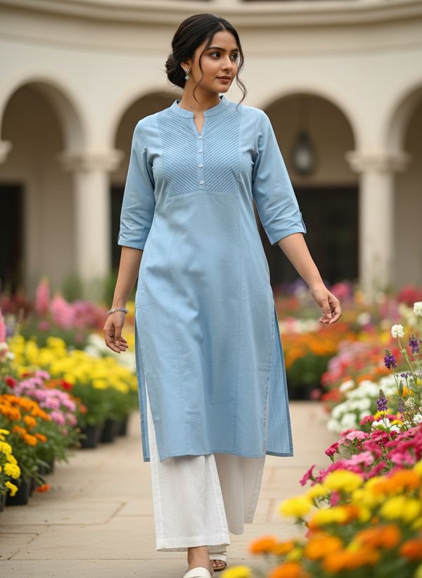 Sky Blue Monotone Pleated Yoke Flex Cotton Kurti