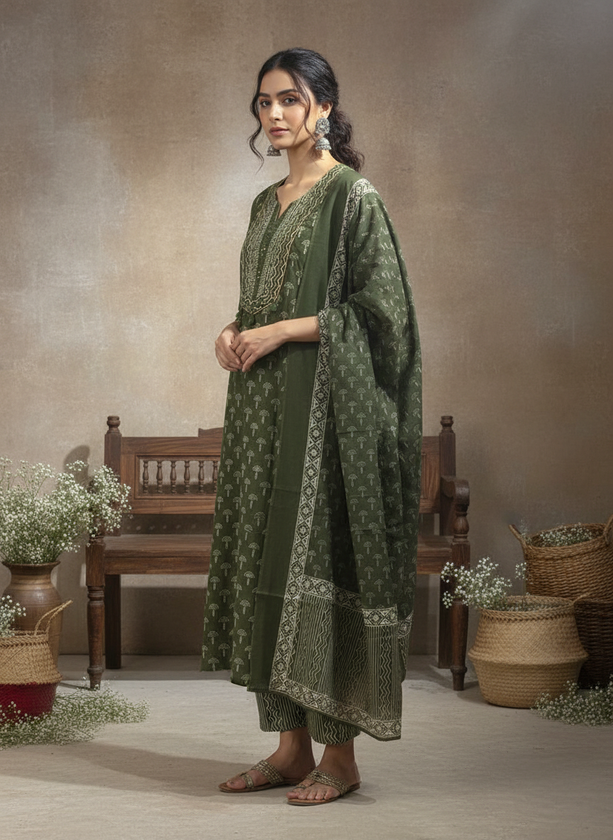 Olive Green Neel Viraasat Mul Chanderi 3-Piece Suit Set
