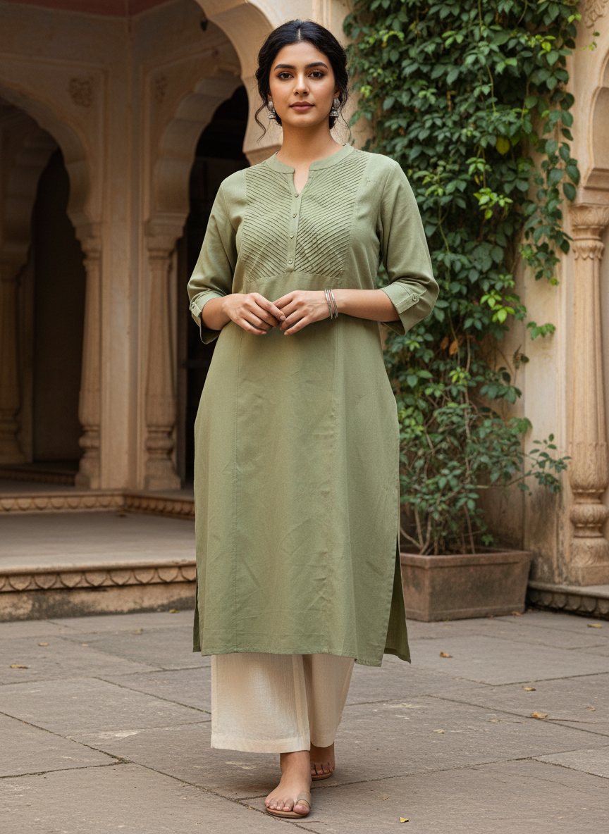 Sage Green Monotone Pleated Yoke Kurti