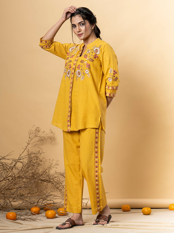 Yellow Marigold Embroidered Co-Ord Set | Flex Cotton Co-ords