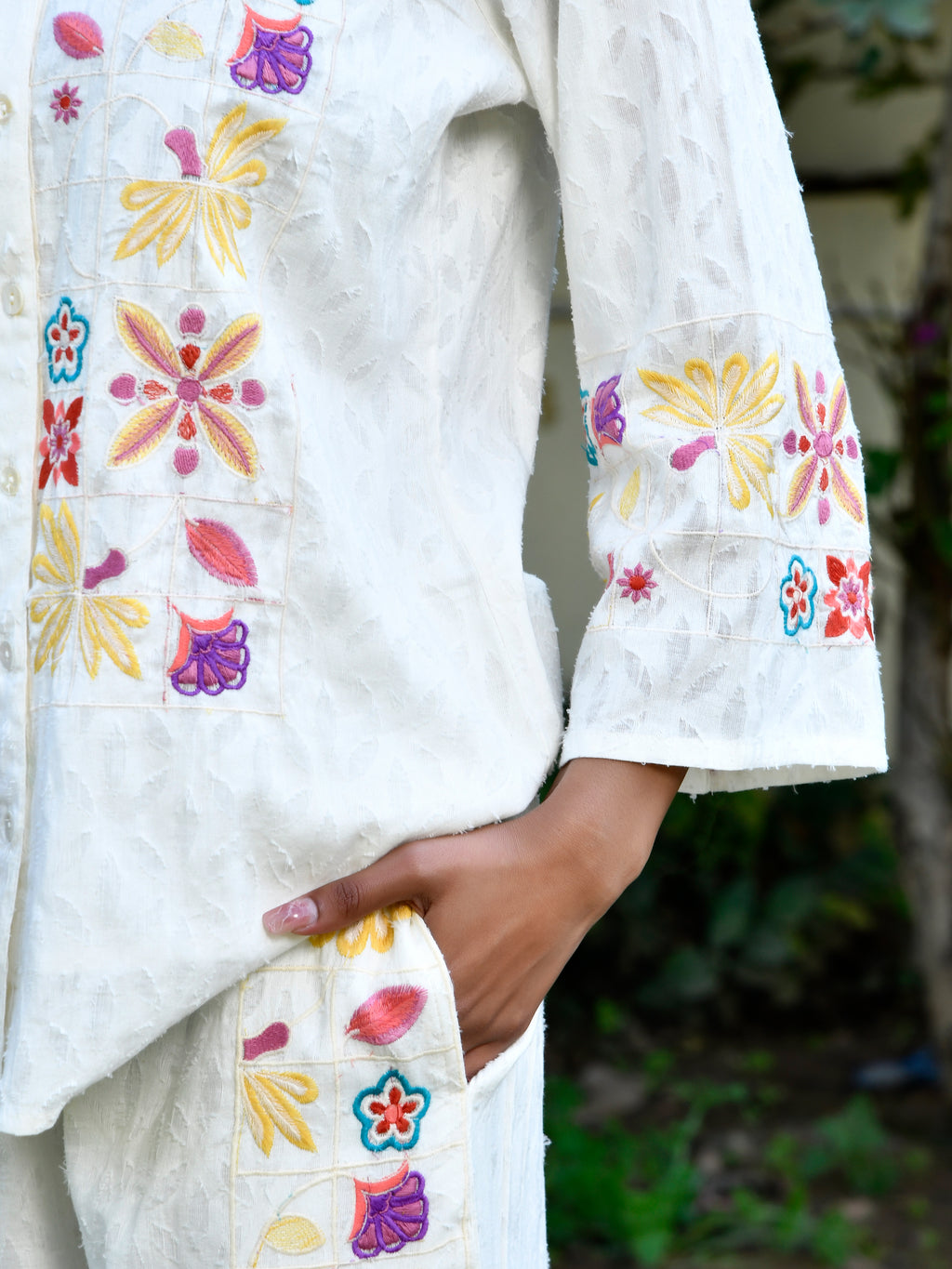 Women’s White Cotton Hand Embroidered Co-Ord Set with Lining | Pastel Floral Shirt & Palazzo Pants