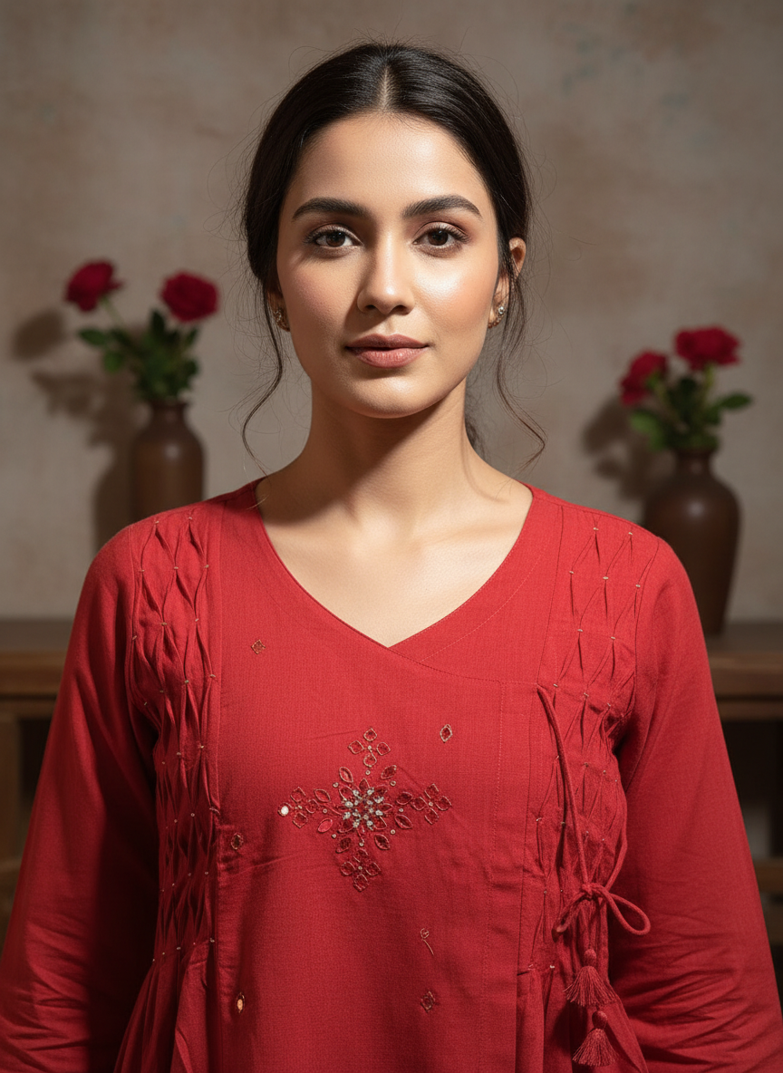 Vibrant Red Noor Pintuck Pure Flex Cotton Kurta Set