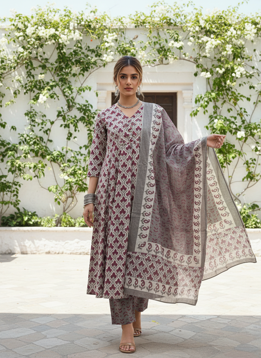 Ivory Rose Printed A-Line Cotton Kurta Set