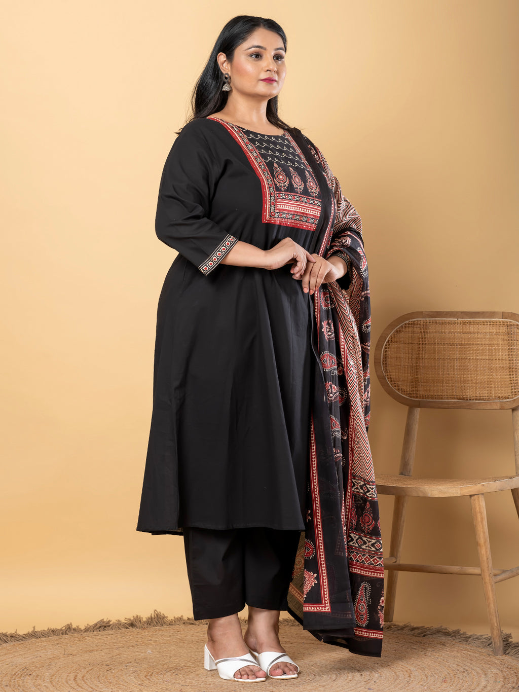 Midnight Ajrakh Plus Size Kurti Pant Suit with Printed Dupatta