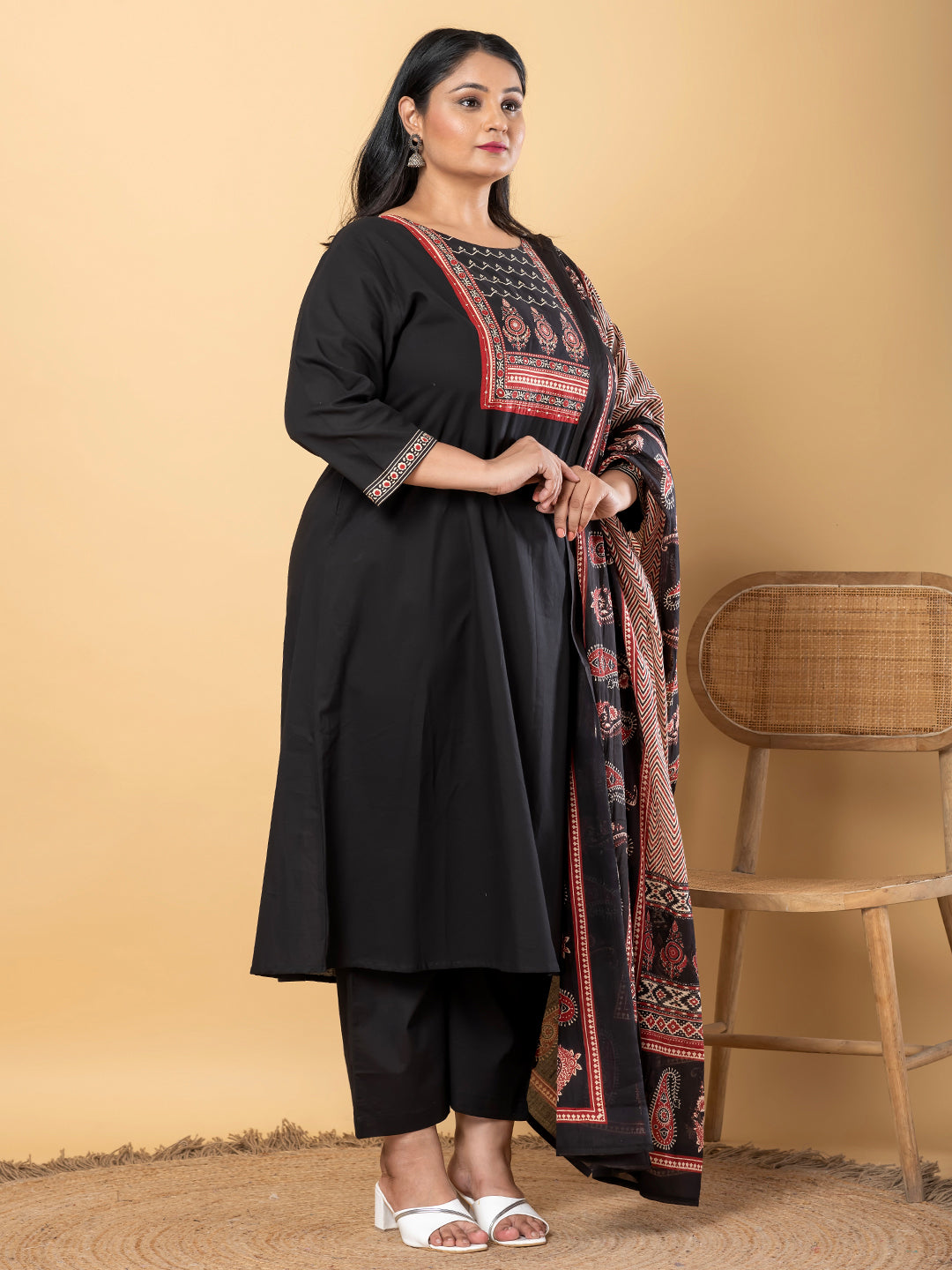 Midnight Ajrakh Plus Size Kurti Pant Suit with Printed Dupatta