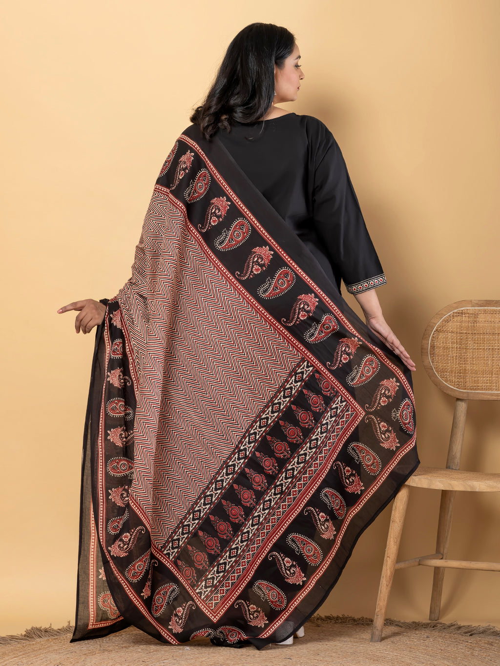 Midnight Ajrakh Plus Size Kurti Pant Suit with Printed Dupatta