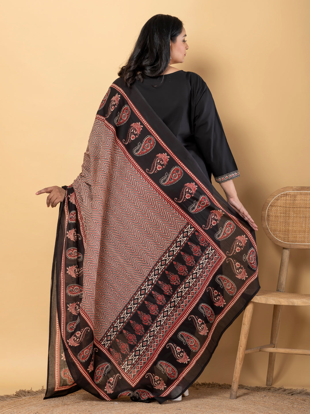 Midnight Ajrakh Plus Size Kurti Pant Suit with Printed Dupatta