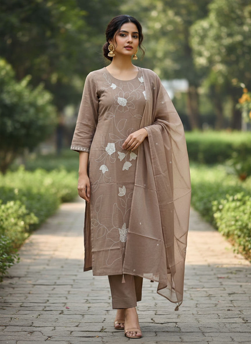 Sand Beige Gulbahar Floral Embroidered Cotton Suit Set