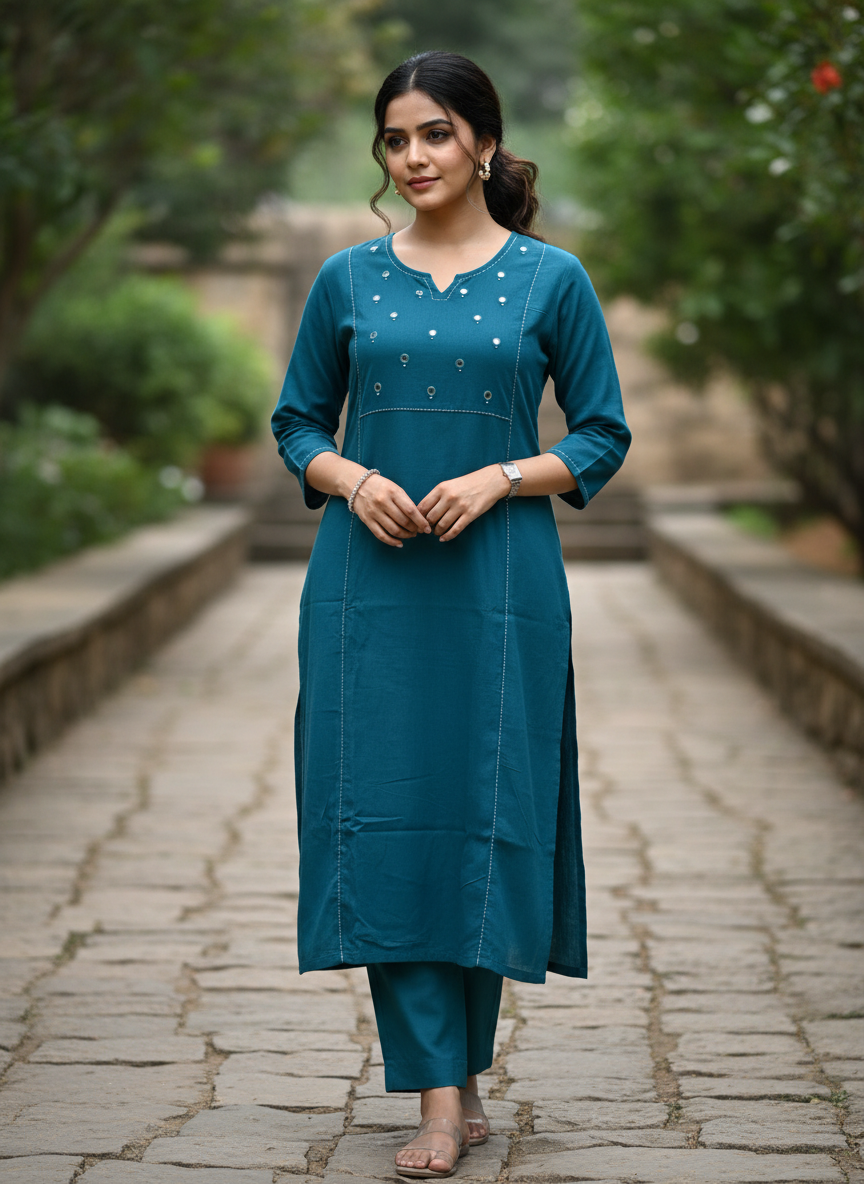 Teal Green Cotton Kurta With Mirror Yoke
