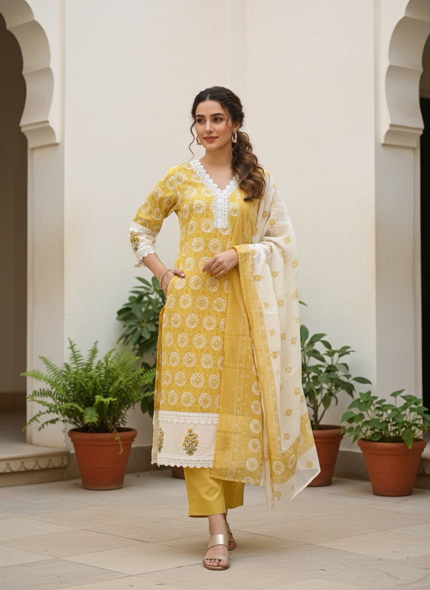 Mustard Yellow Sunlit Lace Printed Kurta Pant Dupatta Set