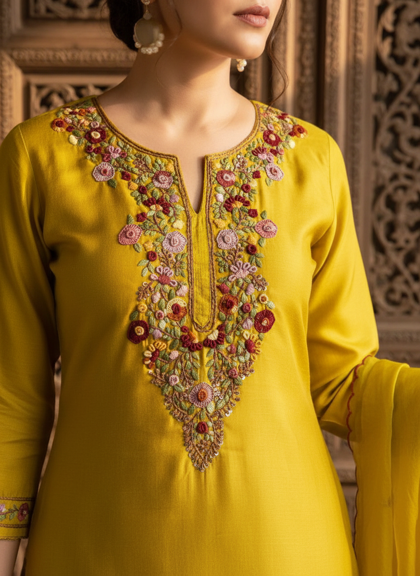 Yellow Suit Set with Organza Dupatta