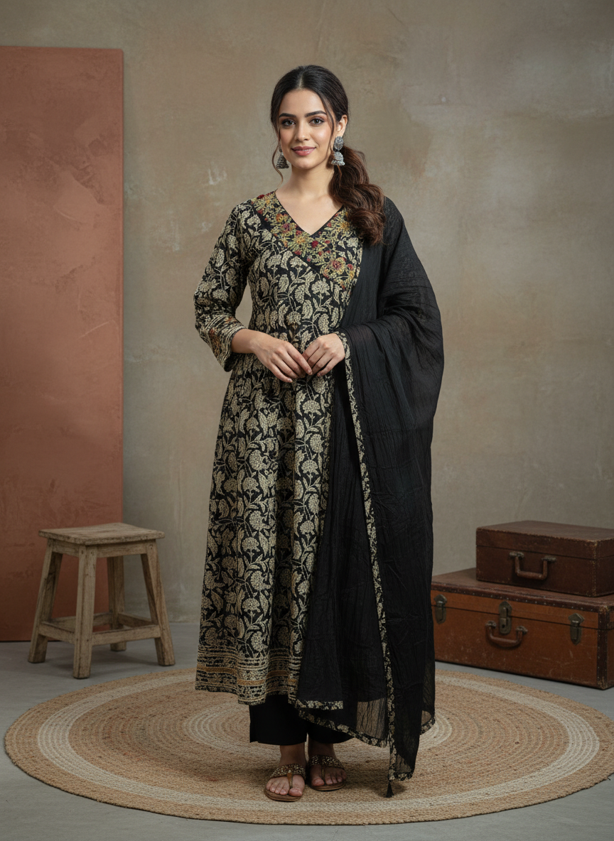 Midnight Black Pure Cotton Anarkali Suit Set