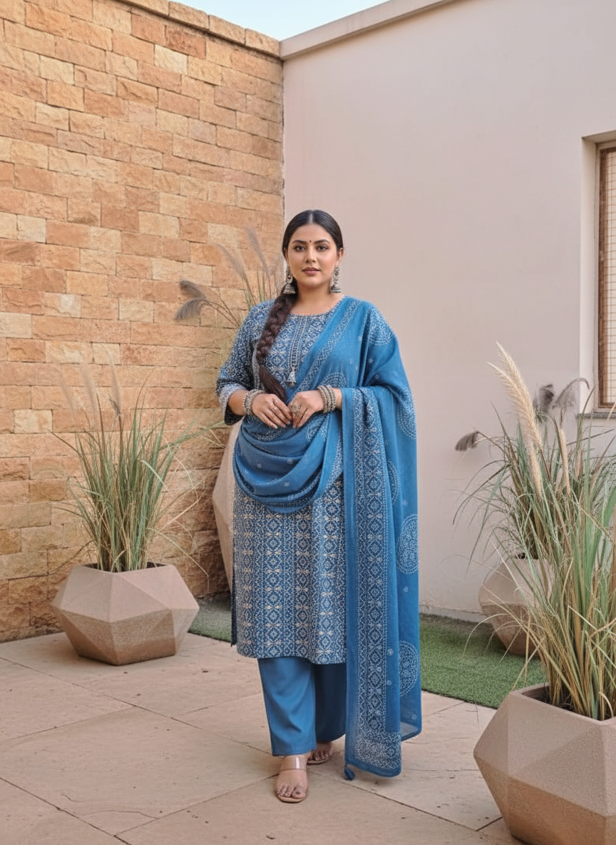 Royal Blue Plus size Bandhani Kurta Set
