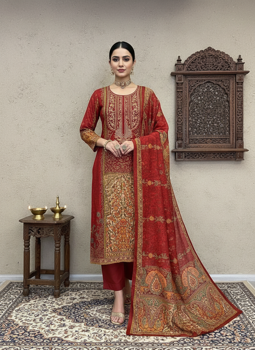 Crimson Red Zarafshan Embroidered Suit Set
