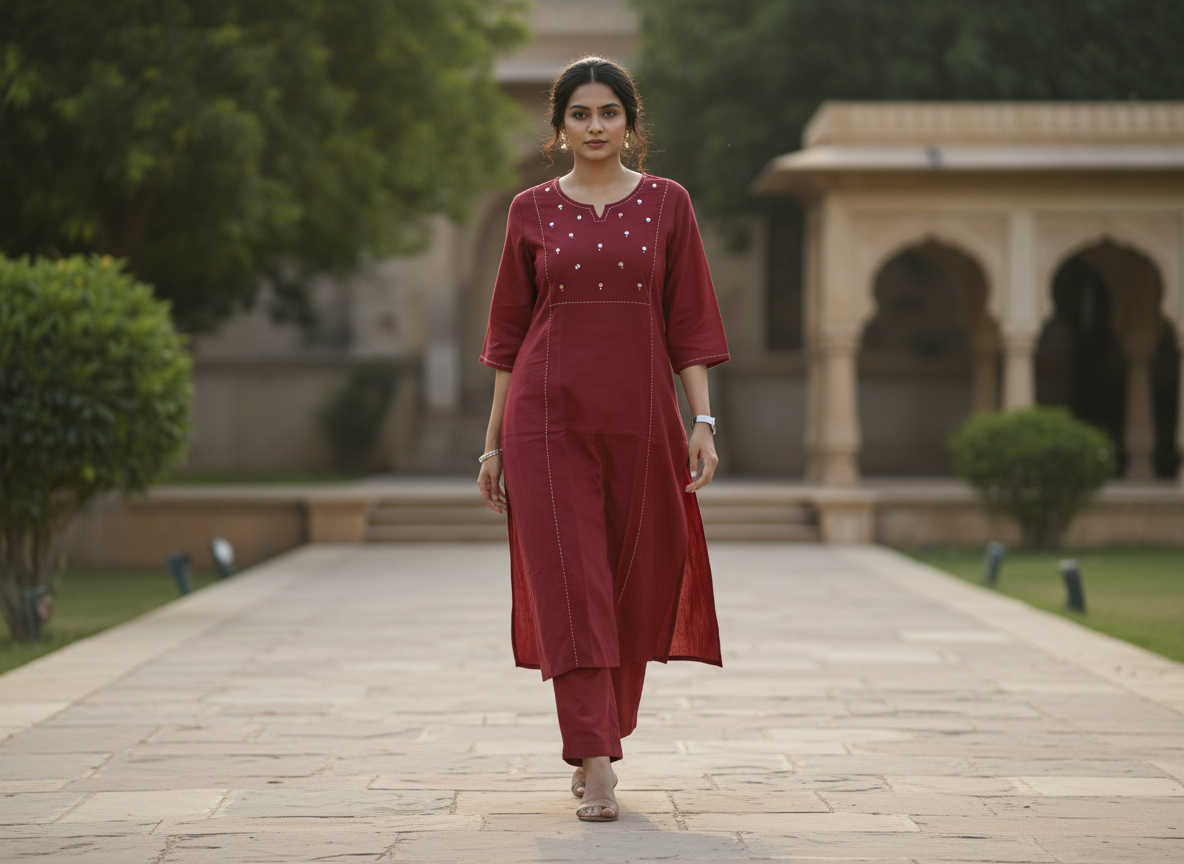 Deep Maroon Cotton Kurta With Mirror Yoke