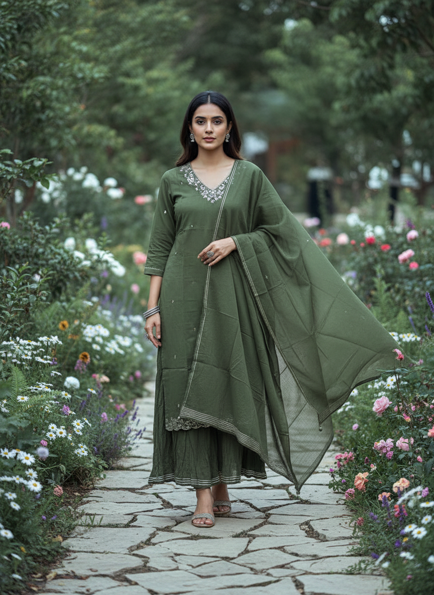 Olive Green Zehra Gota Cotton Kurta & Sharara Set