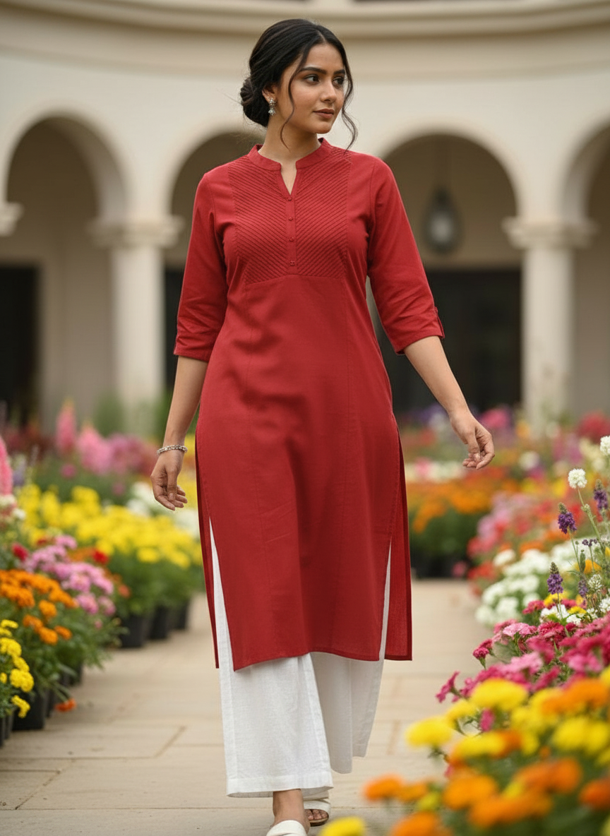 Red Monotone Pleated Yoke Flex Cotton Kurti