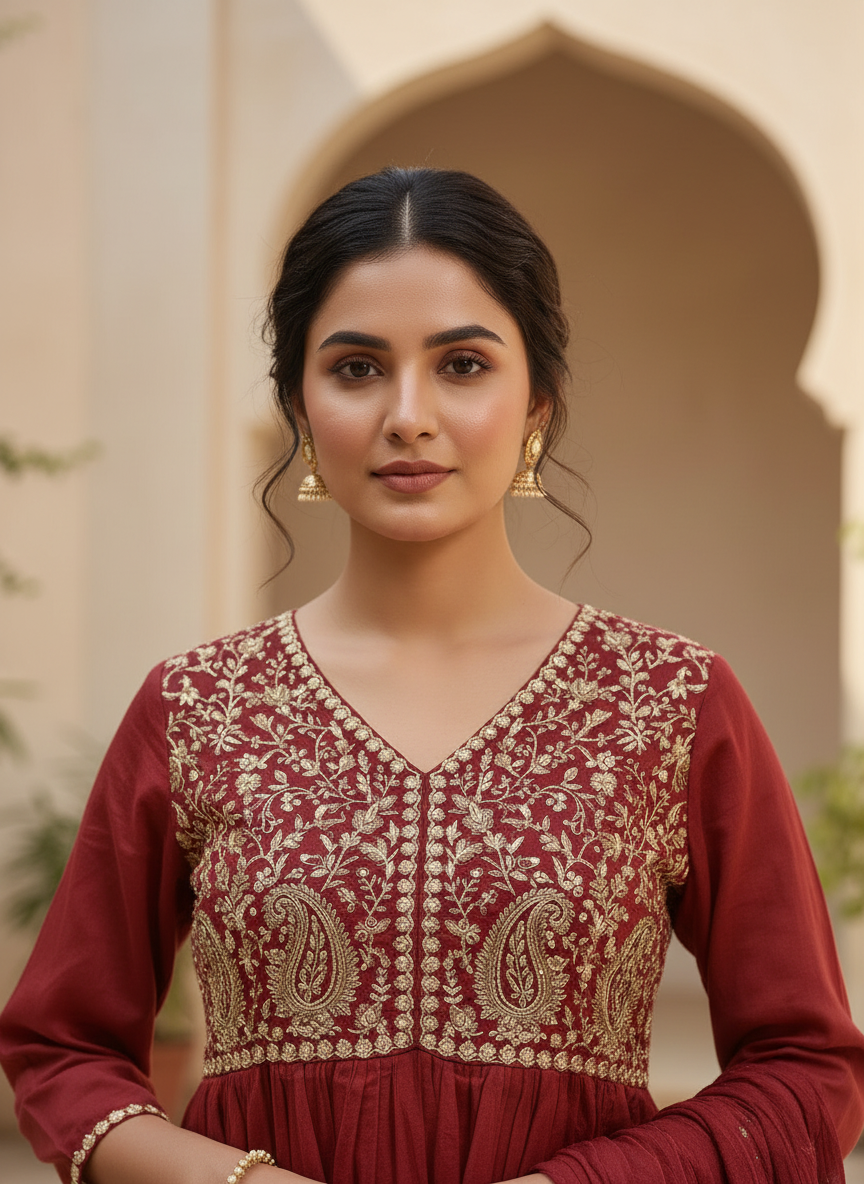 Ruby Zari Embroidered Cotton 3-Piece Anarkali Kurta Set
