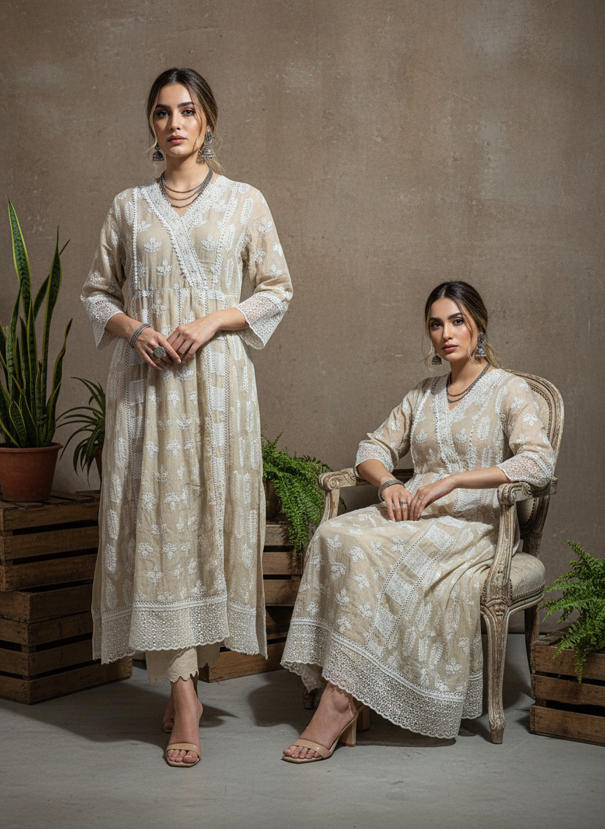 Soft Beige Chikankari Grace Mul Cotton 3-Piece Suit Set