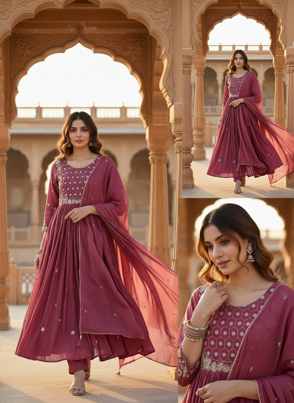Rose Pink Noor Embroidered Cotton 3-Piece Anarkali Kurta Set